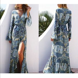 R. Vivimos Blue Paisley Maxi Wrap Cover Up Dress Long Bell Sleeve NWOT